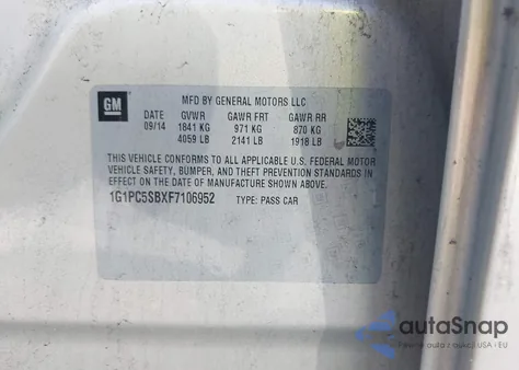 2015 Chevrolet Cruze 1Lt Auto from USA, damaged, VIN 1G1PC5SBXF7106952